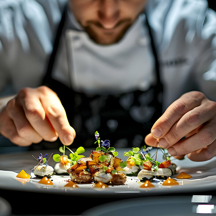 chef placing microgreens on plate of food